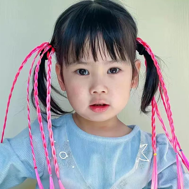 Pink Hair Extensions for Braids Hair Extension Ponytail with Elastic Rubber Band Braided Wigs for Women Kids 2Pcs Beauty Hair Bands Braiding Hair Accessories for Girls Dress up Cosplay Party