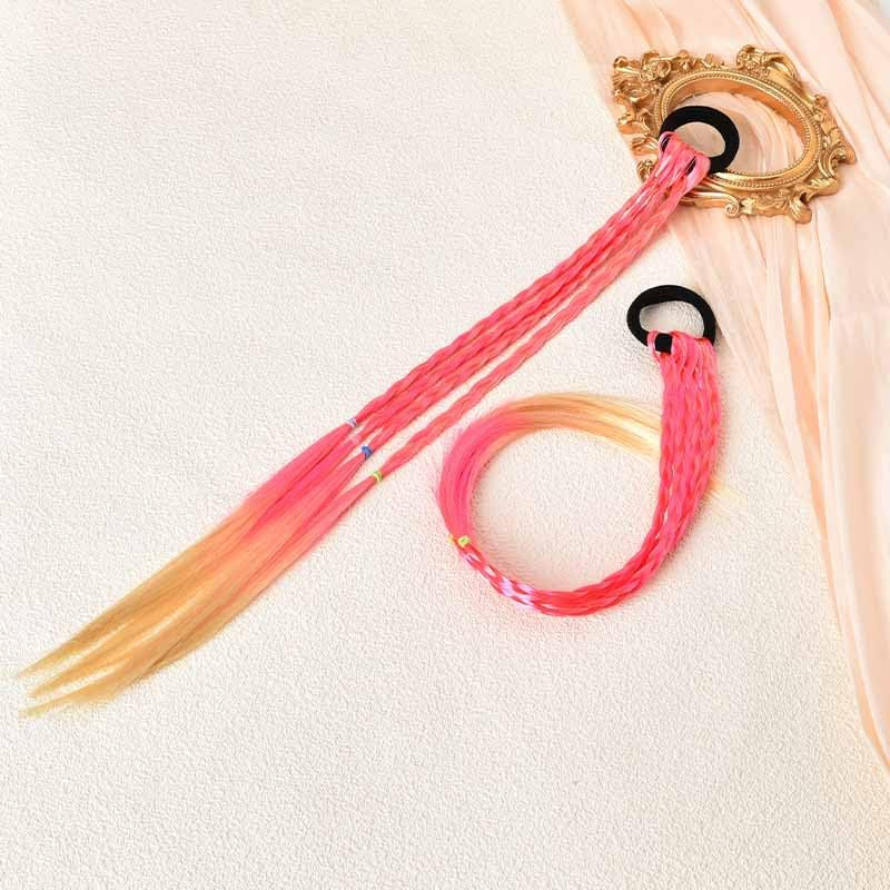 Pink Hair Extensions for Braids Hair Extension Ponytail with Elastic Rubber Band Braided Wigs for Women Kids 2Pcs Beauty Hair Bands Braiding Hair Accessories for Girls Dress up Cosplay Party