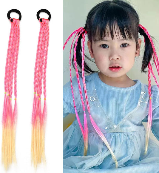 Pink Hair Extensions for Braids Hair Extension Ponytail with Elastic Rubber Band Braided Wigs for Women Kids 2Pcs Beauty Hair Bands Braiding Hair Accessories for Girls Dress up Cosplay Party